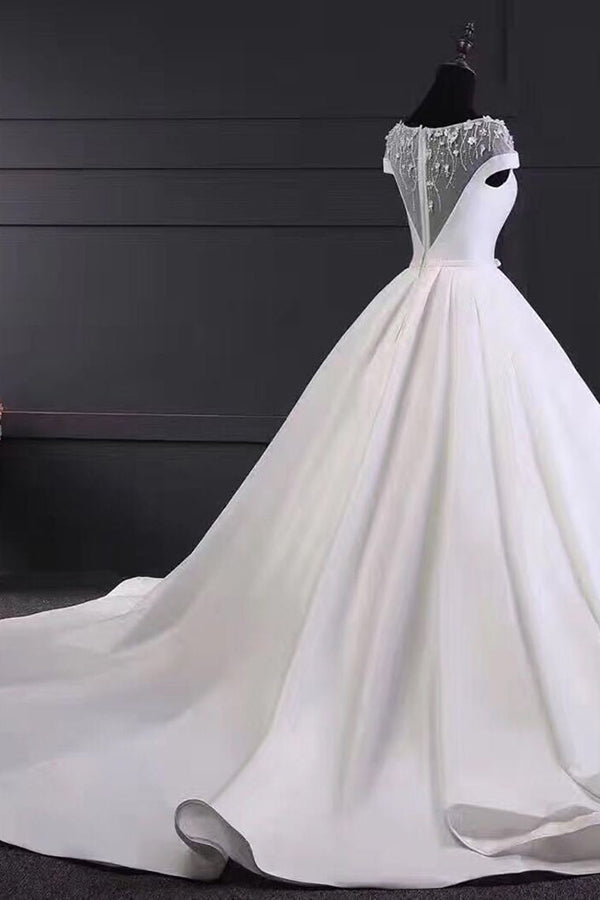 Wedding Dresses For Bride Boho, Chic Round Neck Lace Satin Short Sleeves Long Ball Gown Wedding Dresses