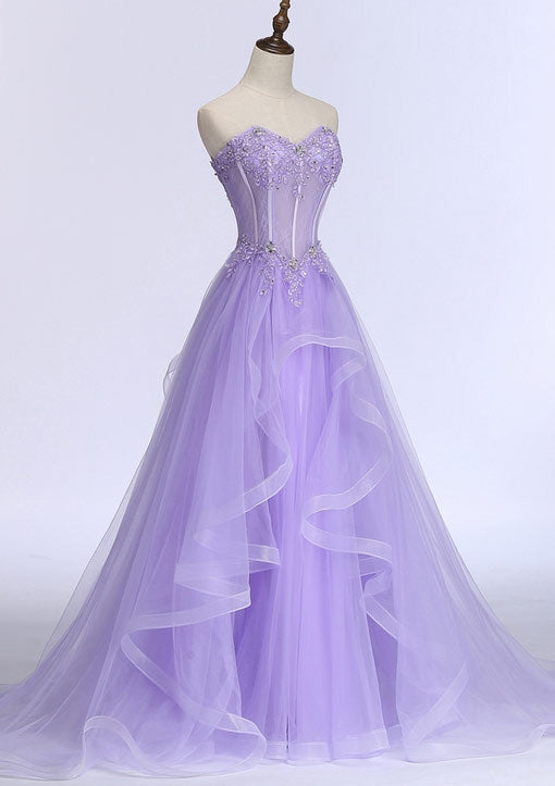 Lilac Prom Dresses, A-line/Princess Sweetheart Sleeveless Sweep Train Tulle Prom Dress With Beading Appliqued