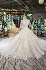 Wedding Dress Flowers, Luxury Lace Wedding Dresses Scoop Half Sleeves Appliques Ball Gown