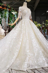 Wedding Dress Ideas, Luxury Lace Wedding Dresses Scoop Half Sleeves Appliques Ball Gown