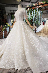 Wedding Dresses Flower, Luxury Lace Wedding Dresses Scoop Half Sleeves Appliques Ball Gown