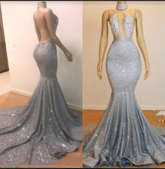 Evening Dress Lace, 2024 High Neck Silver Backless Sexy Mermaid Prom Dresses