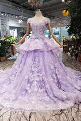 Evening Dresses Store, Lilac Ball Gown Short Sleeve Prom Dresses with Long Train, Gorgeous Quinceanera Dress