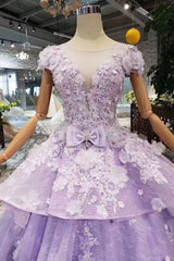 Evening Dresses Elegant, Lilac Ball Gown Short Sleeve Prom Dresses with Long Train, Gorgeous Quinceanera Dress