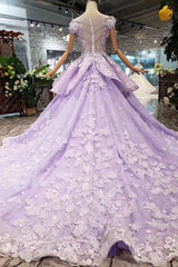 Evening Dresses Short, Lilac Ball Gown Short Sleeve Prom Dresses with Long Train, Gorgeous Quinceanera Dress