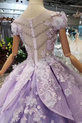 Evening Dresses Boutique, Lilac Ball Gown Short Sleeve Prom Dresses with Long Train, Gorgeous Quinceanera Dress