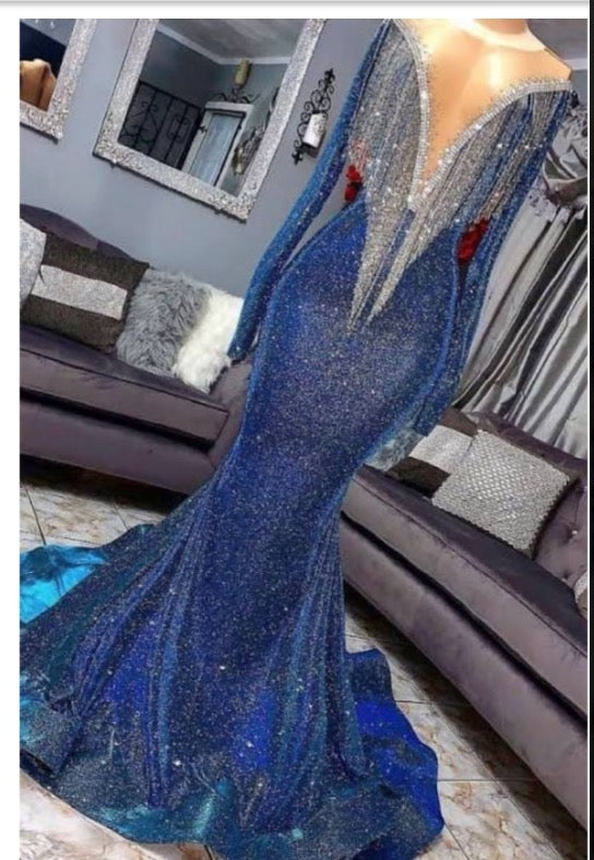 Evening Dress Designer, 2024 Sexy Long Sleeve Mermaid V Neck Royal Blue Long Prom Dresses