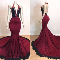 Formal Dresses Cheap, Mermaid V Neck Backless Burgundy And Black Long 2024 Prom Dresses