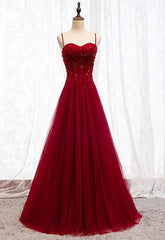 Gemgrace Burgundy Prom Dresses, Long Tulle Formal Dress With Straps