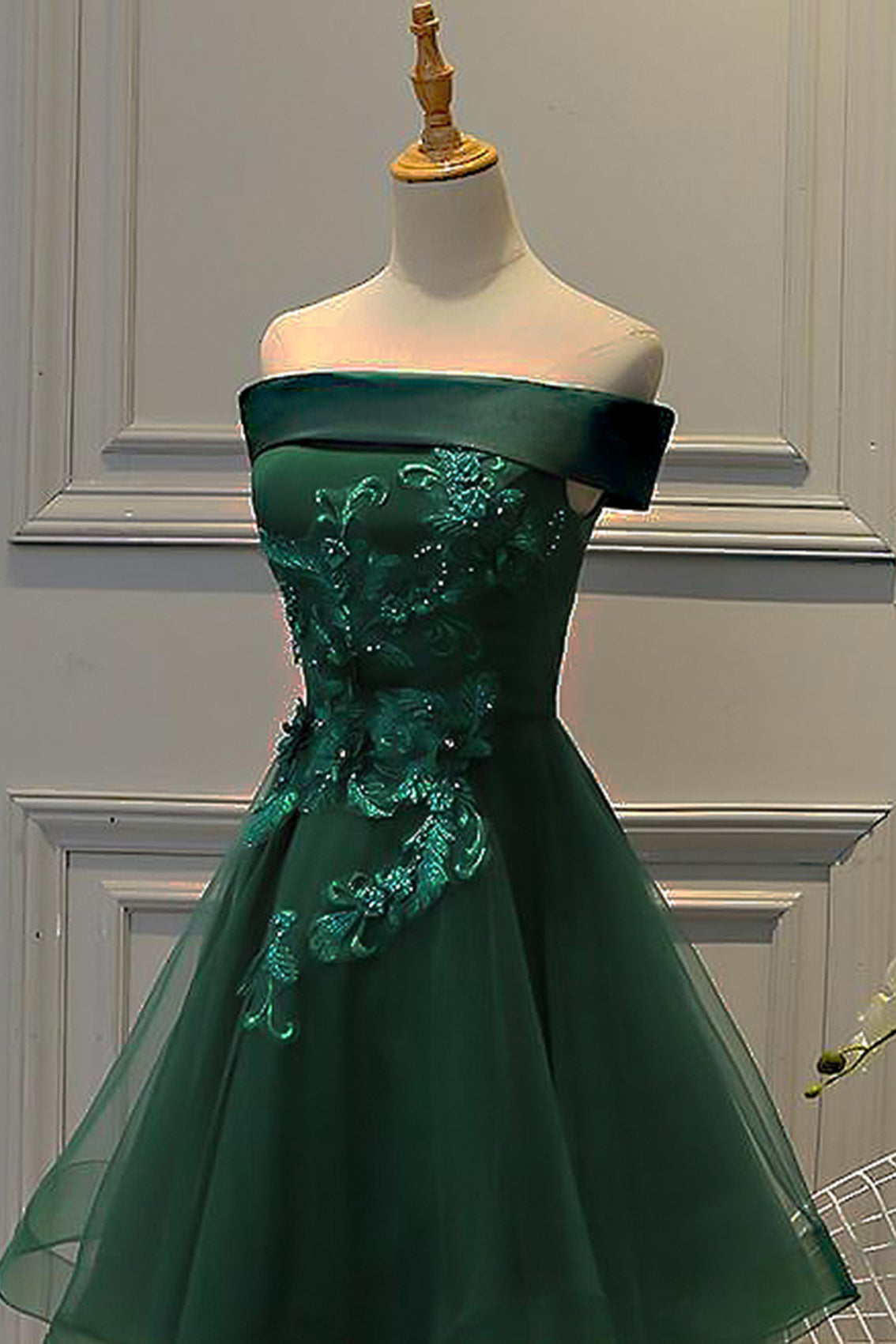 Prom Dresses Long Open Back, Dark Green Strapless A Line Appliques Tulle Homecoming Dresses