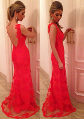 Red Prom Dresses, Sheath/Column V Neck Sleeveless Sweep Train Lace Prom Dress With Appliqued
