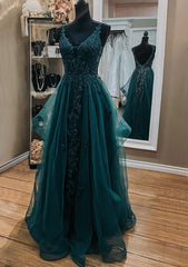 Ink Blue Prom Dresses, A-line V Neck Sleeveless Lace Tulle Long/Floor-Length Prom Dress With Beading