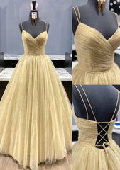 Yellow Prom Dresses, V Neck Sleeveless Long/Floor-Length Tulle Ball Gown With Pleated Sequins