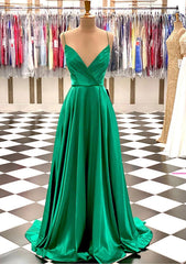 Hunter Green Prom Dresses, A-line V Neck Spaghetti Straps Sweep Train Charmeuse Prom Dress With Pleated