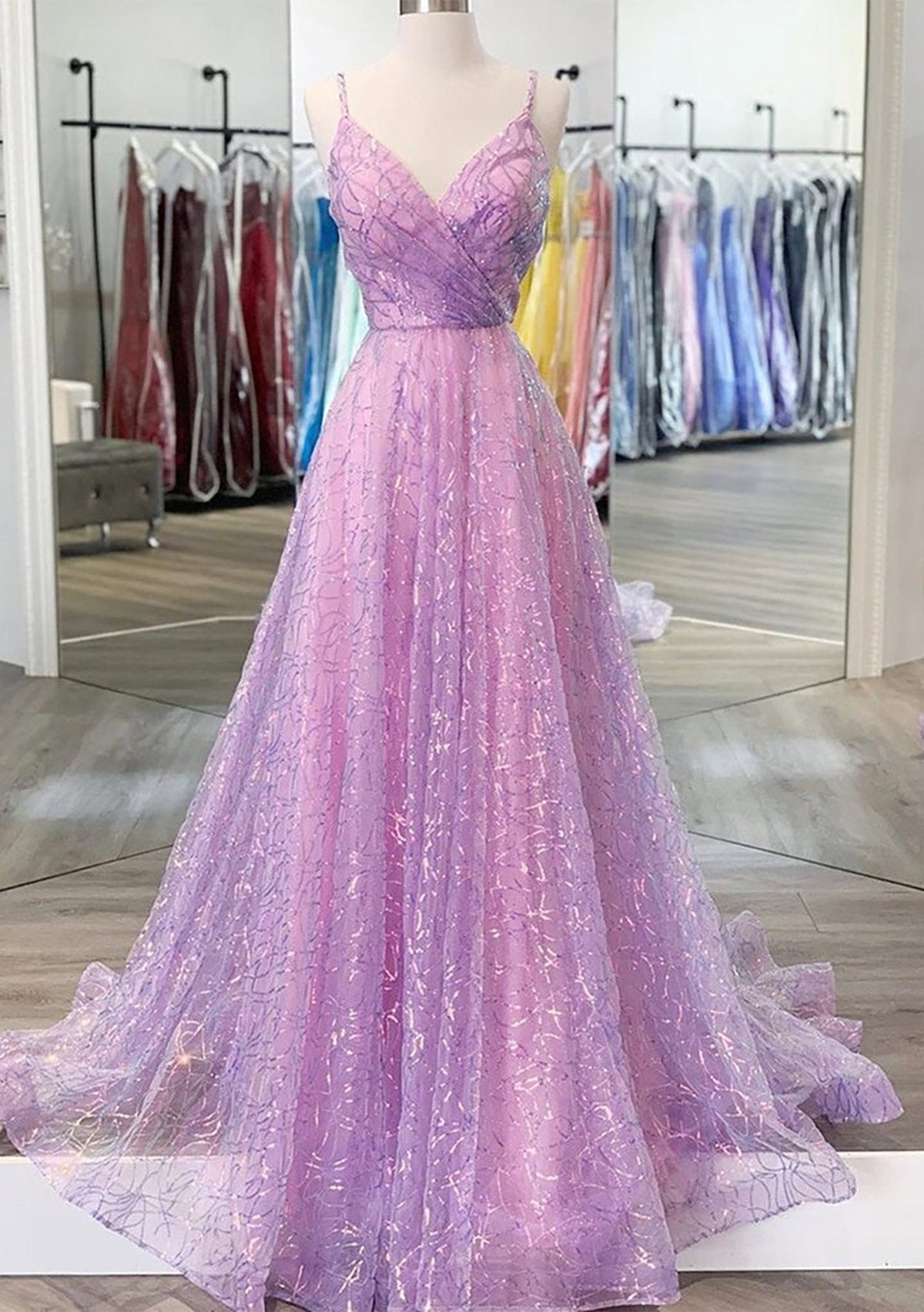Unique Prom Dresses, A-line V Neck Spaghetti Straps Sweep Train Sequined Prom Dress With Pleated