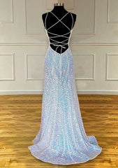 Pretty Prom Dresses, Sheath/Column V Neck Spaghetti Straps Sweep Train Sequined Prom Dress With Pleated