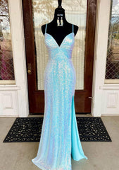 Fantasy Prom Dresses, Sheath/Column V Neck Spaghetti Straps Sweep Train Sequined Prom Dress With Split