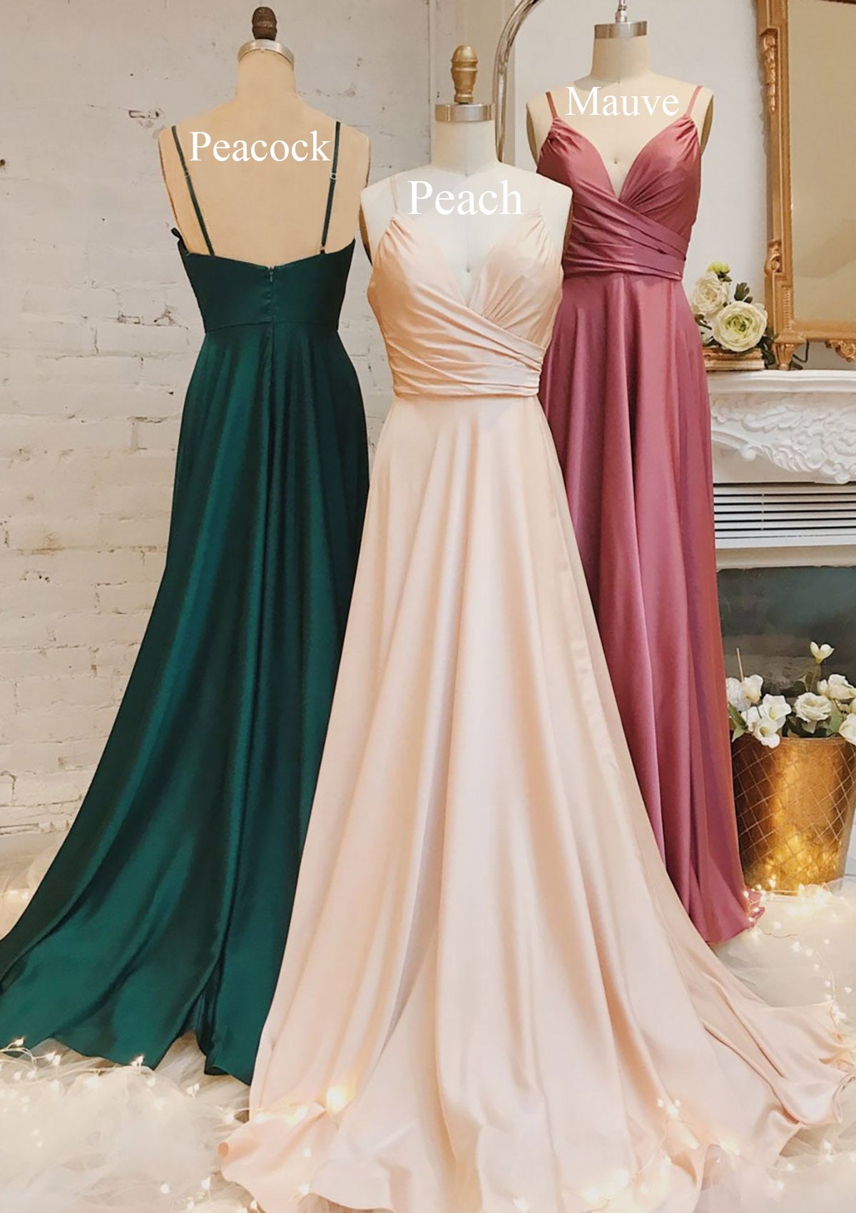 Peach Prom Dresses, A-line V Neck Spaghetti Straps Sweep Train Satin Prom Dress With Pleated