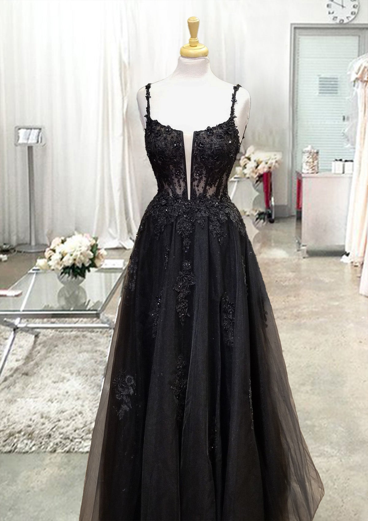 Black Prom Dresses, A-line Square Neckline Spaghetti Straps Long/Floor-Length Tulle Prom Dress With Glitter Beading Appliqued