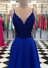 Royal Blue Prom Dresses, A-line V Neck Regular Straps Long/Floor-Length Satin Prom Dress With Appliqued Beading