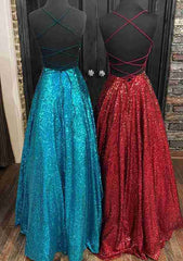 Fantasy Prom Dresses, Princess A-line Bateau Sleeveless Sequined Long/Floor-Length Prom Dress