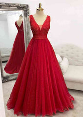 Sparkly Red Prom Dresses, A-line Princess V Neck Long/Floor-Length Tulle Prom Dress With Appliqued Beading Glitter