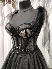 Formal Dress Store Near Me, Tulle Black Prom Dress, Off Shoulder A-Line Party Dress Elegant Evening Dress