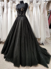 Formal Dress Website, Tulle Black Prom Dress, Off Shoulder A-Line Party Dress Elegant Evening Dress