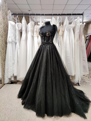 Formal Dresses Website, Tulle Black Prom Dress, Off Shoulder A-Line Party Dress Elegant Evening Dress