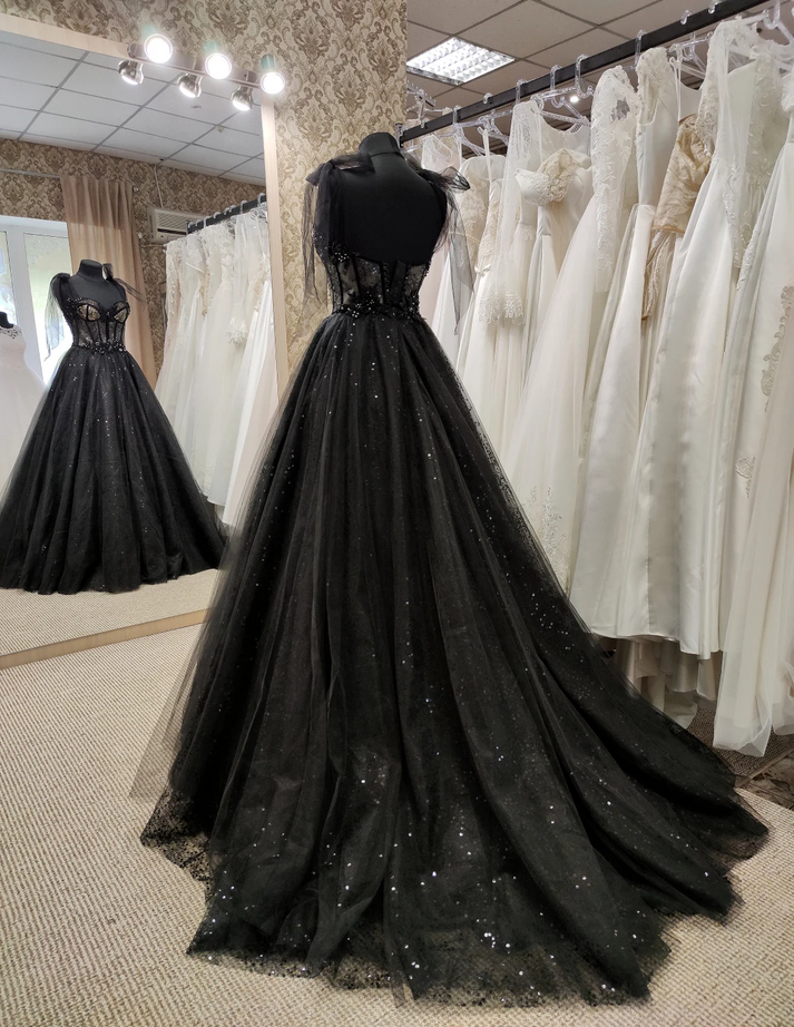 Formal Dresses Websites, Tulle Black Prom Dress, Off Shoulder A-Line Party Dress Elegant Evening Dress