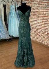 Dark Green Prom Dresses, Trumpet/Mermaid V Neck Spaghetti Straps Long/Floor-Length Tulle Prom Dress With Appliqued Beading