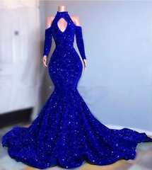 Formal Dress Shop Near Me, Blue sequin mermaid prom dress, shimmery African women party dresses