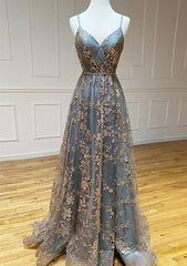 Vintage Prom Dresses 90S, A-line V Neck Sleeveless Sweep Train Tulle Satin Prom Dress With Appliqued Split