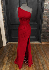 Sheath/Column One-Shoulder Sleeveless Jersey Long/Floor-Length Red Prom Dress With Pleated Split