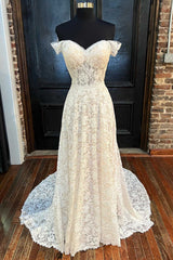 Weddings Dresses Simple, White Lace Off-the-Shoulder Cutout Floor-Length Wedding Dress