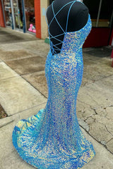 Homecomming Dress With Sleeves, Purple Iridescent Sequin Empire Waist Lace-Up Mermaid Long Dress with Slit