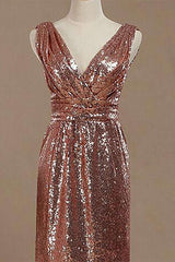 Evening Dresses Open Back, Rose Gold Sequin V-Neck Backless Short Bridesmaid Dress