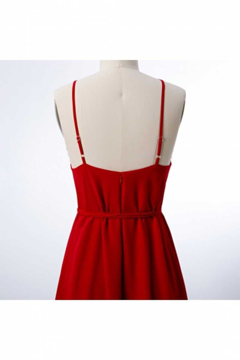 Homecoming Dress 2038, Red Chiffon Spaghetti Straps Backless A-Line Bridesmaid Dress with Slit
