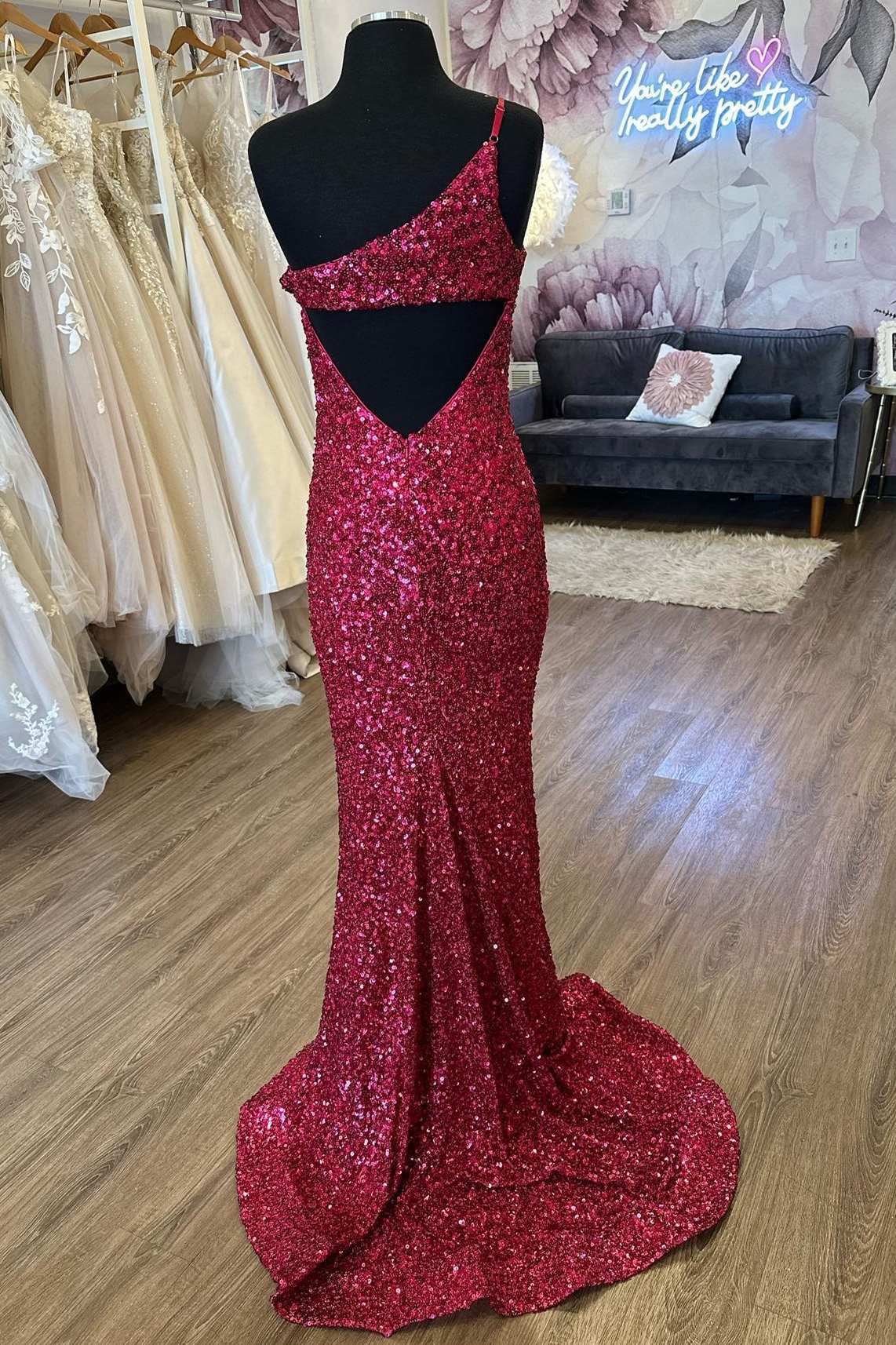 Formal Dresses Outfit Ideas, Sequins One-Shoulder Cutout Back Mermaid Long Prom Dress with Slit