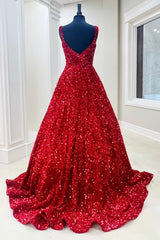 Evening Dress Yellow, Red Sequin Square Neck Backless A-Line Long Prom Gown