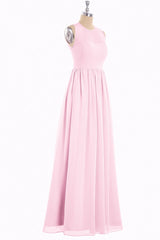 Prom Dresse Backless, Pink Chiffon Halter Cutout Back A-Line Long Bridesmaid Dress