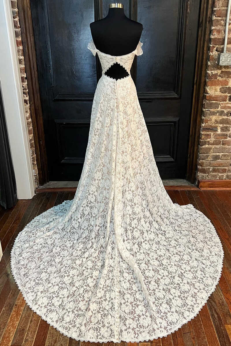 Weddings Dresses Online, White Lace Off-the-Shoulder Cutout Floor-Length Wedding Dress