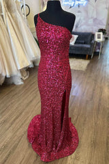 Formal Dress Outfit Ideas, Sequins One-Shoulder Cutout Back Mermaid Long Prom Dress with Slit
