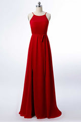 Homecoming Dresses Lace, Red Chiffon Spaghetti Straps Backless A-Line Bridesmaid Dress with Slit