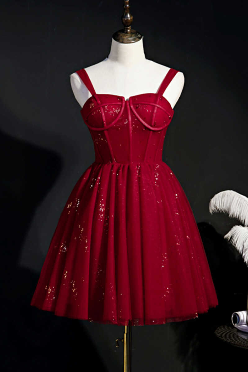 Evening Dresses Knee Length, Red Sequins Straps A-Line Short Homecoming Dress
