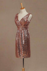 Evening Dresses Elegant Classy, Rose Gold Sequin V-Neck Backless Short Bridesmaid Dress