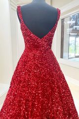 Evening Dresses 1935S, Red Sequin Square Neck Backless A-Line Long Prom Gown