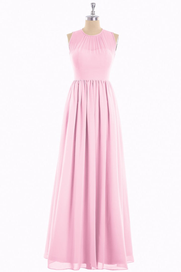 Prom Dresses Modest, Pink Chiffon Halter Cutout Back A-Line Long Bridesmaid Dress