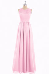 Prom Dresses Modest, Pink Chiffon Halter Cutout Back A-Line Long Bridesmaid Dress