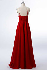 Homecoming Dress Shops Near Me, Red Chiffon Spaghetti Straps Backless A-Line Bridesmaid Dress with Slit
